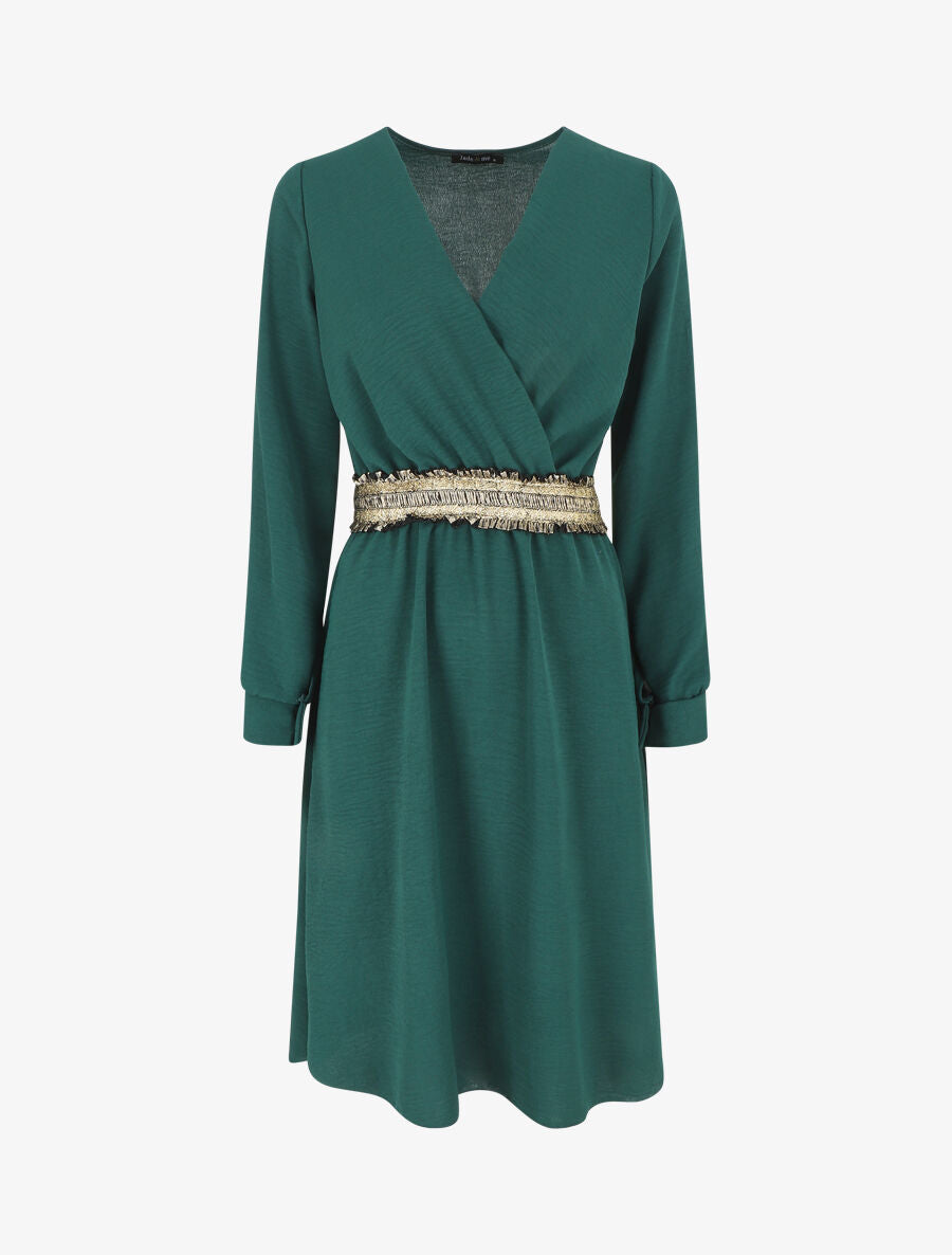 Robe unie à bande élastiquée dorée - Vert sapin - 1