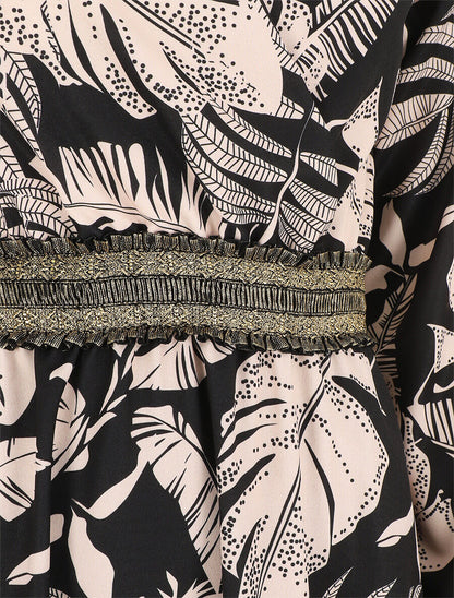 Robe courte évasée imprimé tropical - Noir - 3