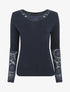 Pull droit uni col et manches en dentelle - Marine - 1