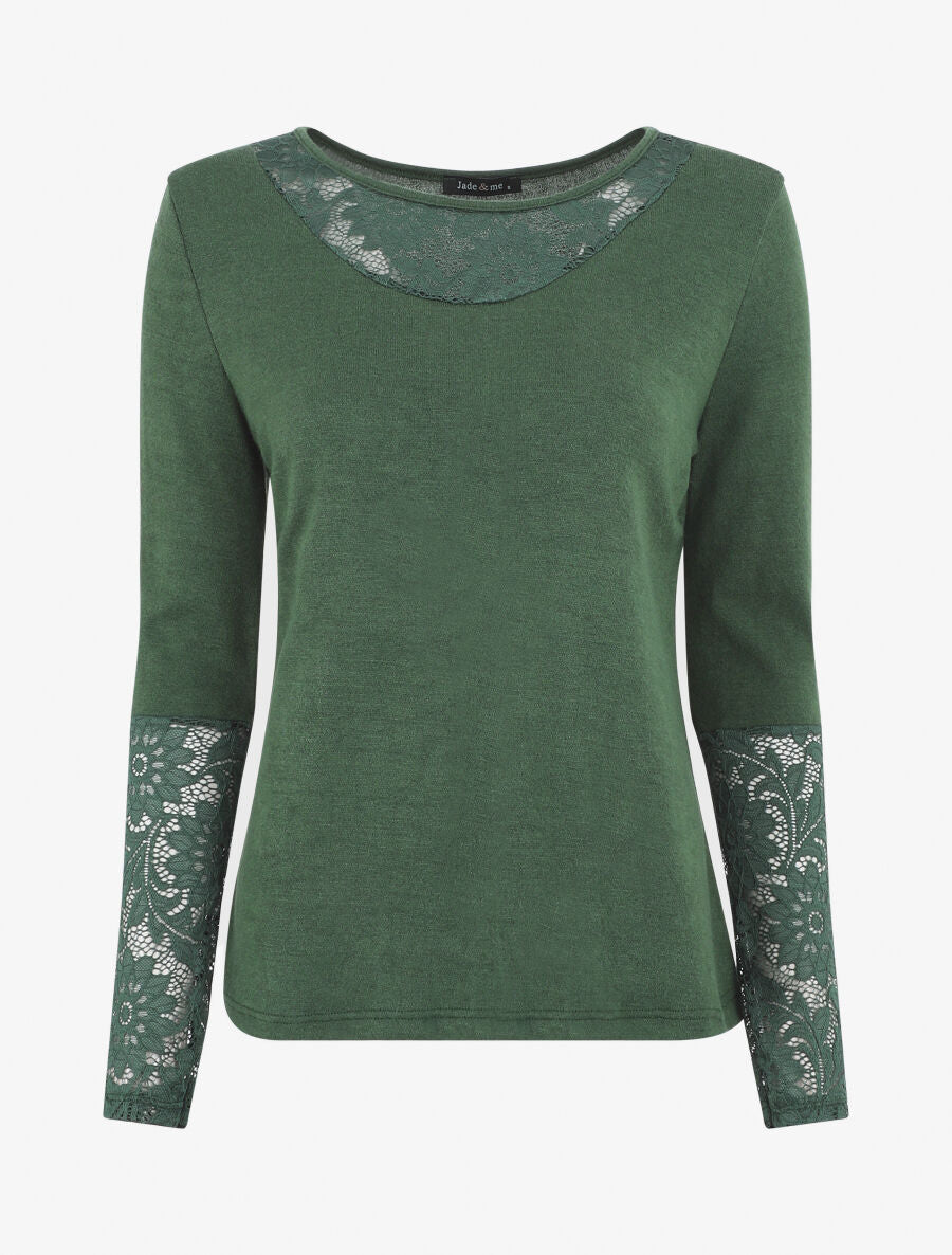 Pull droit uni col et manches en dentelle - Vert foncé - 1