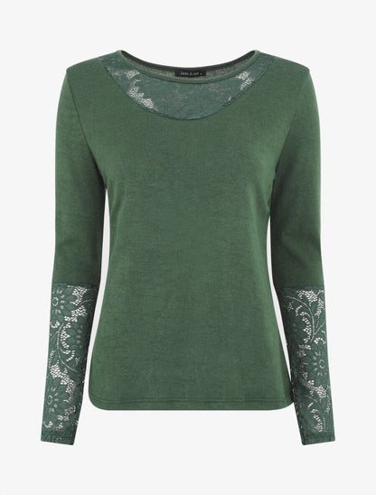 Pull droit uni col et manches en dentelle - Vert foncé - 1