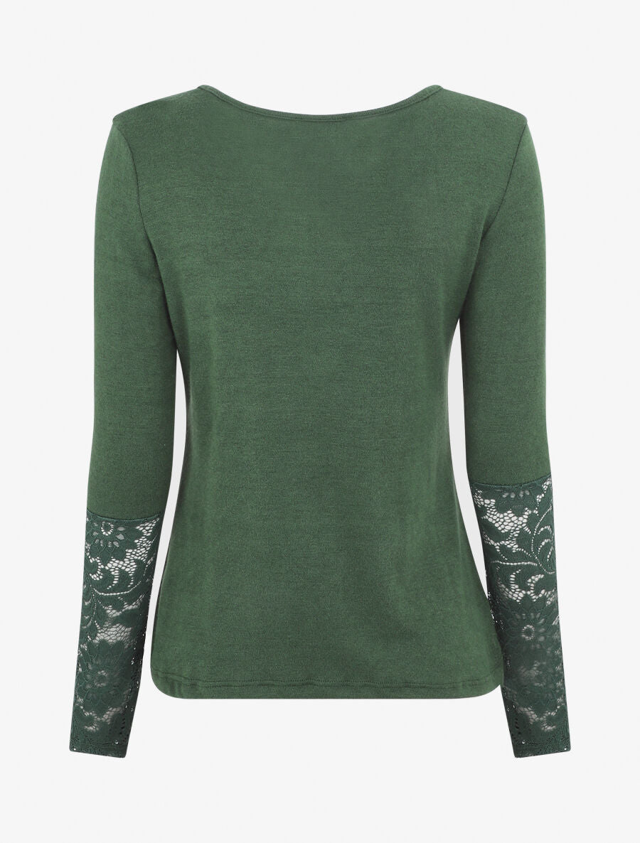 Pull droit uni col et manches en dentelle - Vert foncé - 2