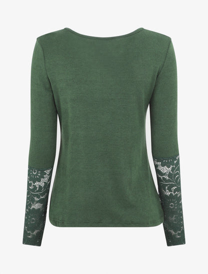 Pull droit uni col et manches en dentelle - Vert foncé - 2
