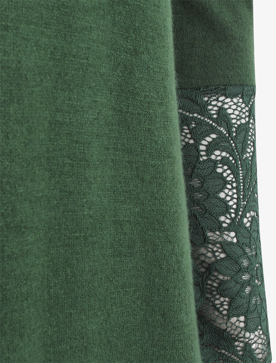 Pull droit uni col et manches en dentelle - Vert foncé - 3