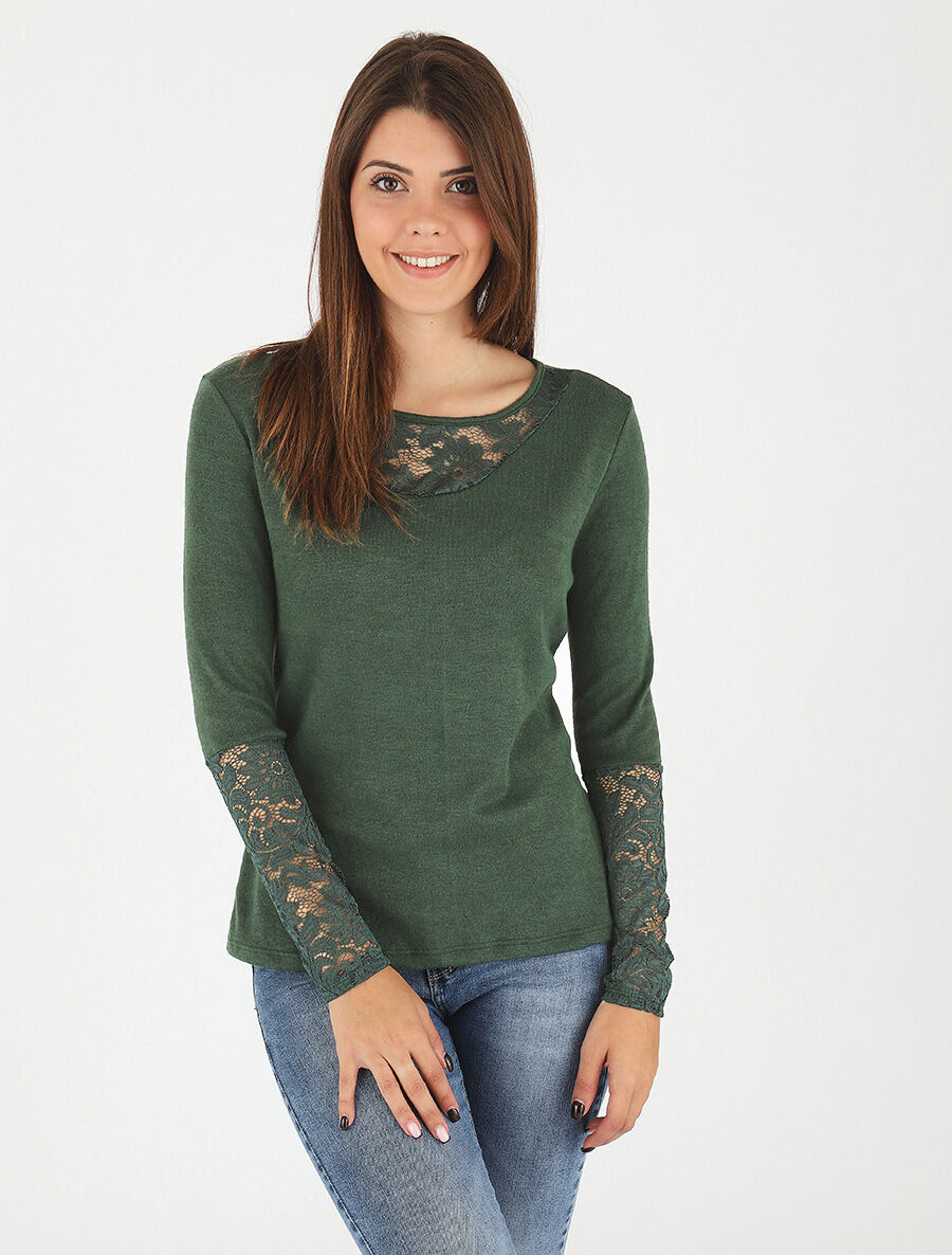 Pull droit uni col et manches en dentelle - Vert foncé - 4