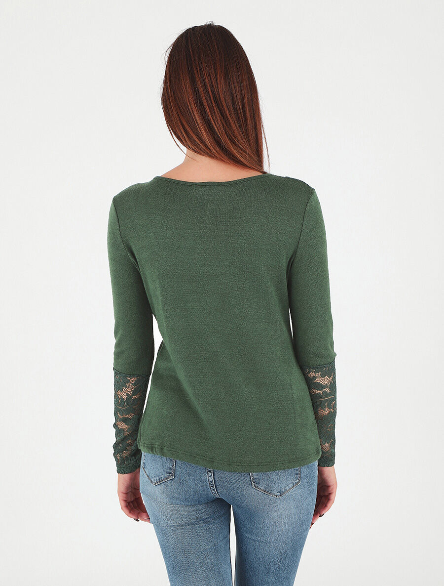 Pull droit uni col et manches en dentelle - Vert foncé - 5