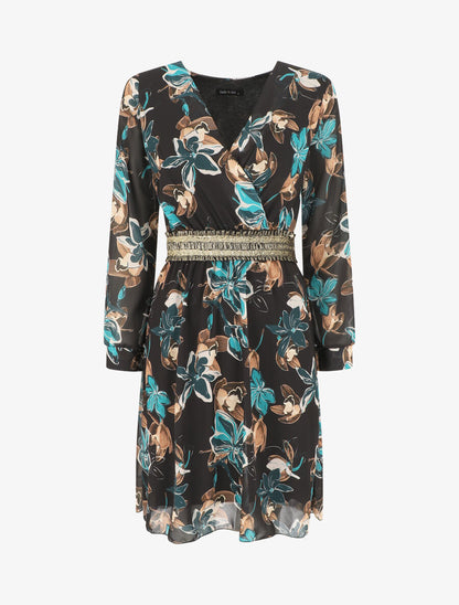 Robe courte évasée motif fleuri - Noir - 4