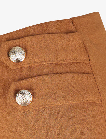 Pantalon droit taille haute à boutons - Camel - 3