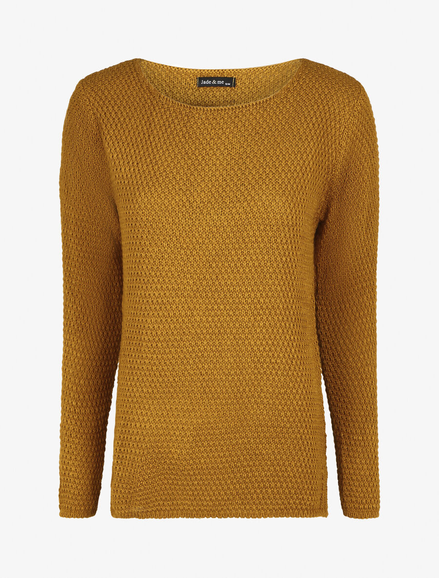 Pull uni en maille à col rond - Jaune moutarde - 1