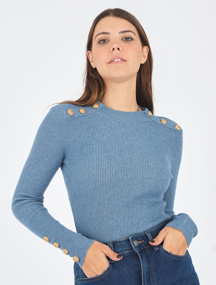 Pull fin côtelé et boutons décoratifs - Bleu - 4