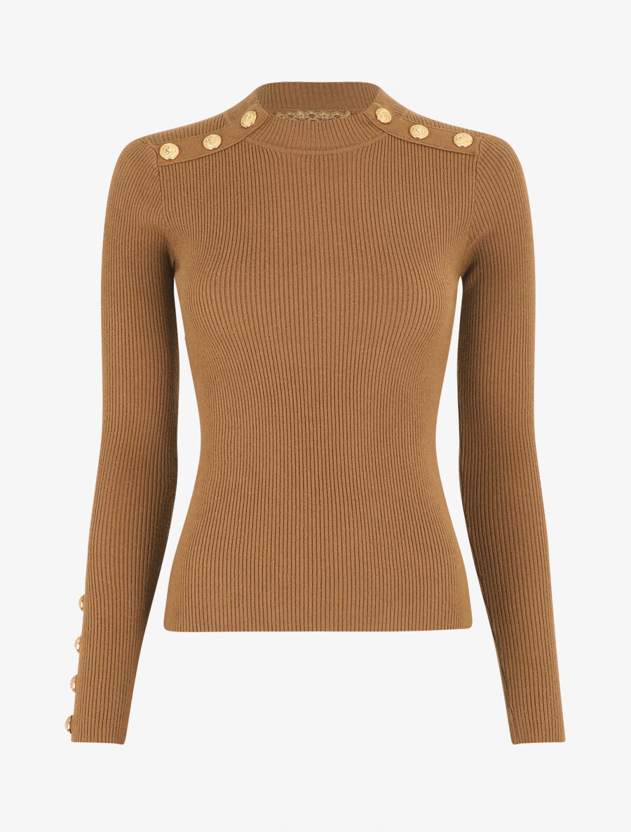 Pull fin côtelé et boutons décoratifs - Camel - 1