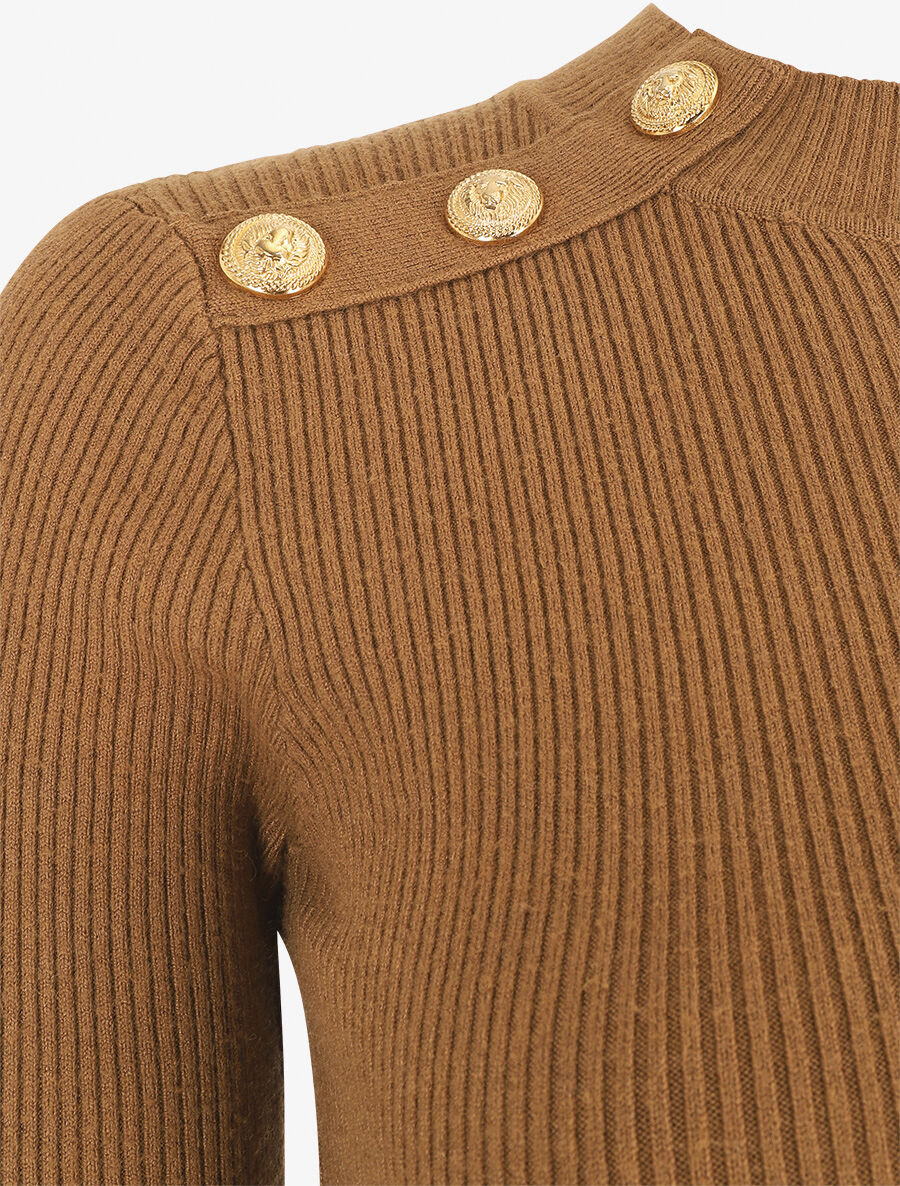 Pull fin côtelé et boutons décoratifs - Camel - 3