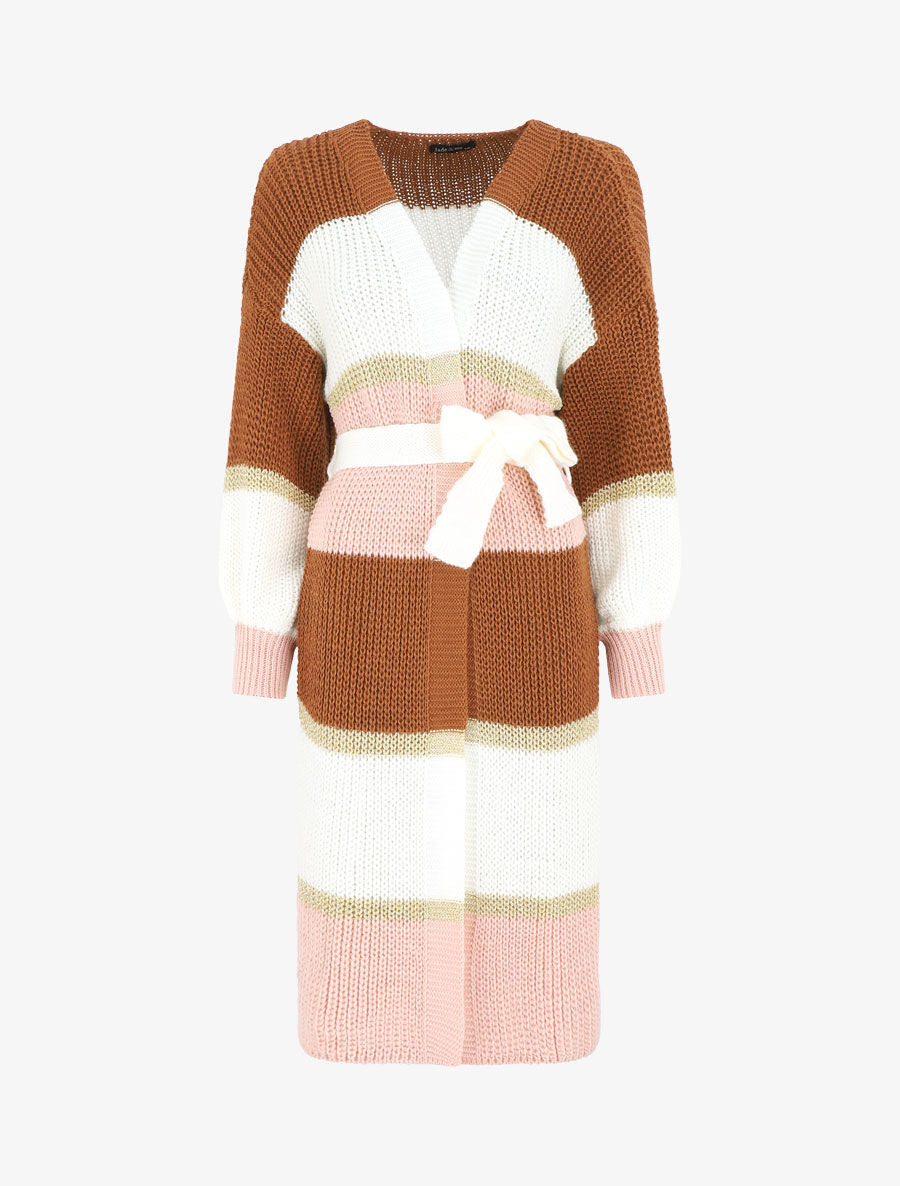 Gilet long à rayures - Rose/camel - 5