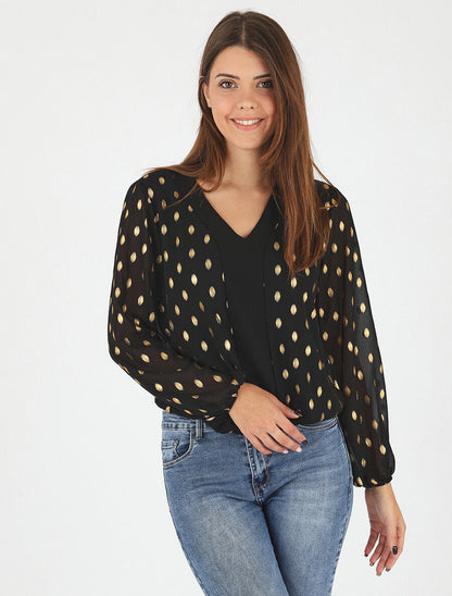 Top élastiqué col V motif irisé - Noir - 4