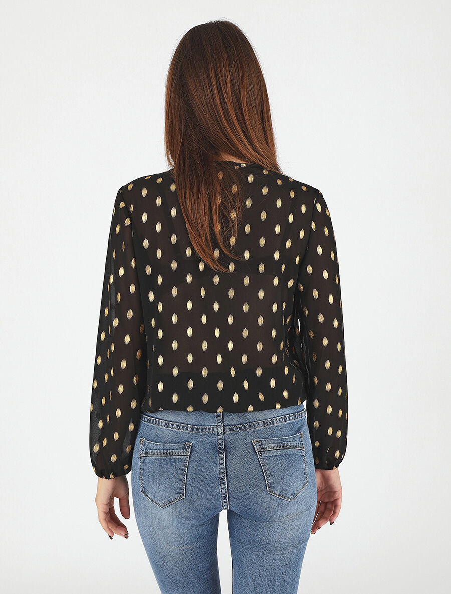 Top élastiqué col V motif irisé - Noir - 5