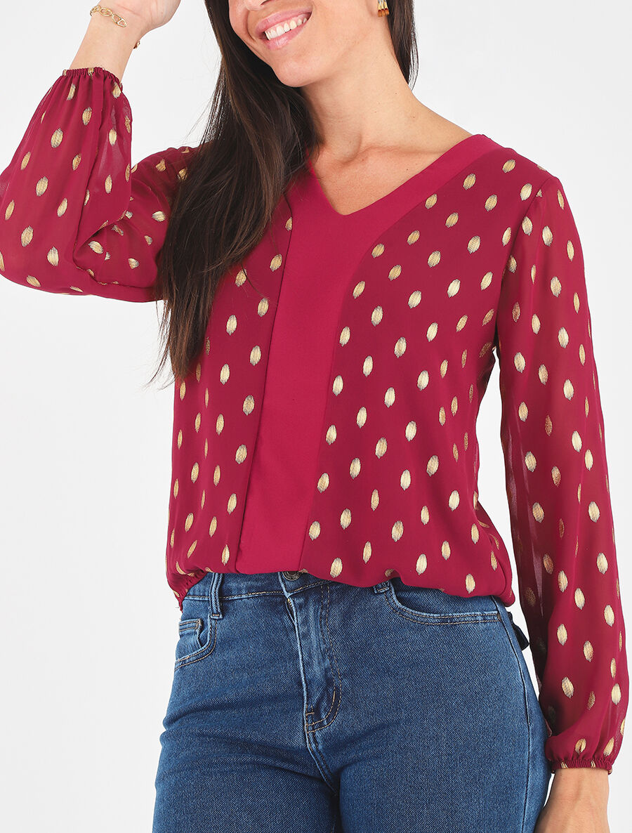 Top élastiqué col V motif irisé - Bordeaux - 6