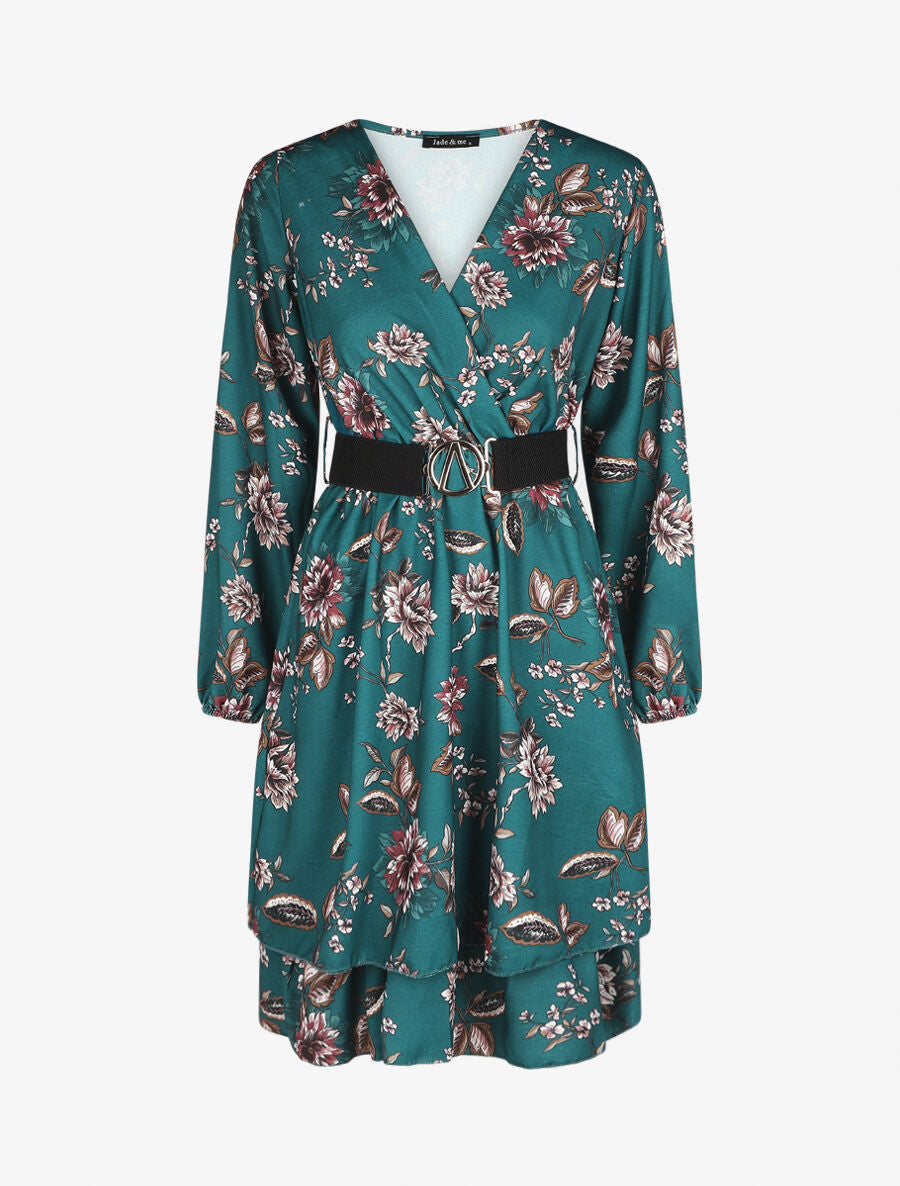 Robe volantée à imprimé fleuri - Bleu canard - 4