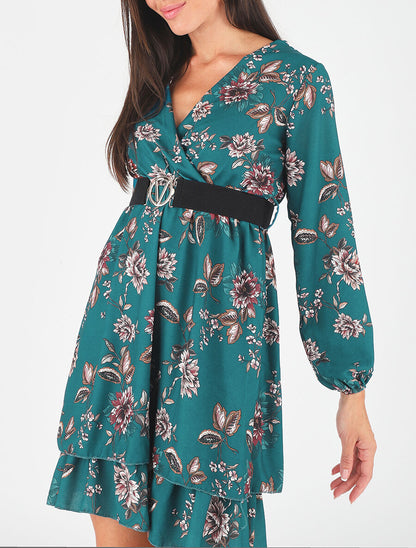 Robe volantée à imprimé fleuri - Bleu canard - 3
