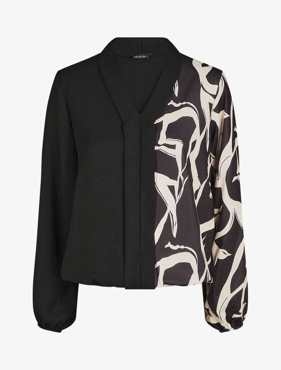 Blouse droite bi-colore et col V - Beige - 1
