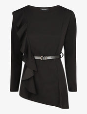 Top asymétrique uni et volanté - Noir - 1