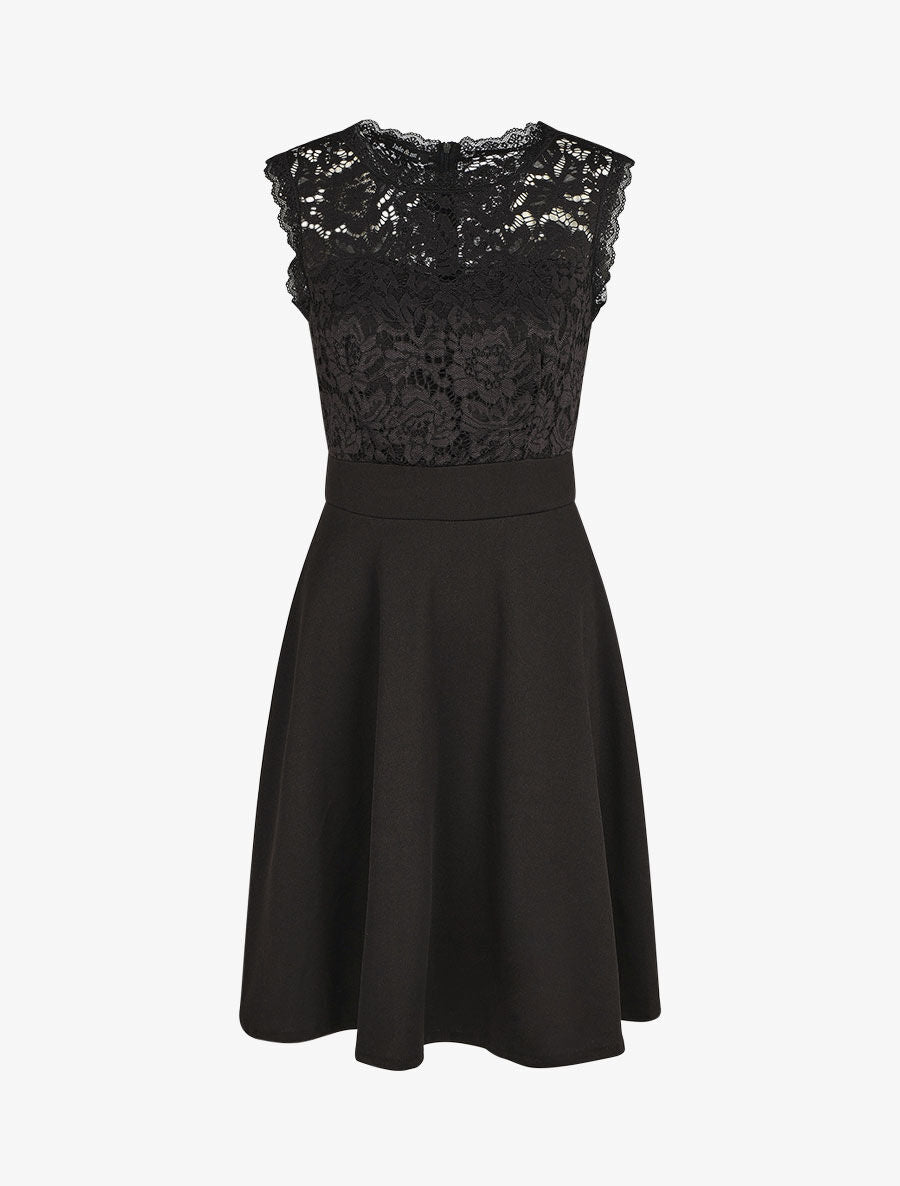 Robe uni à bustier en dentelle - Noir - 1