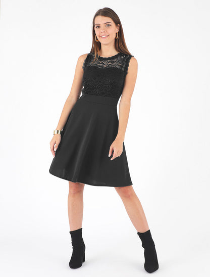 Robe uni à bustier en dentelle - Noir - 4