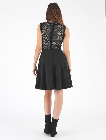 Robe uni à bustier en dentelle - Noir - 5