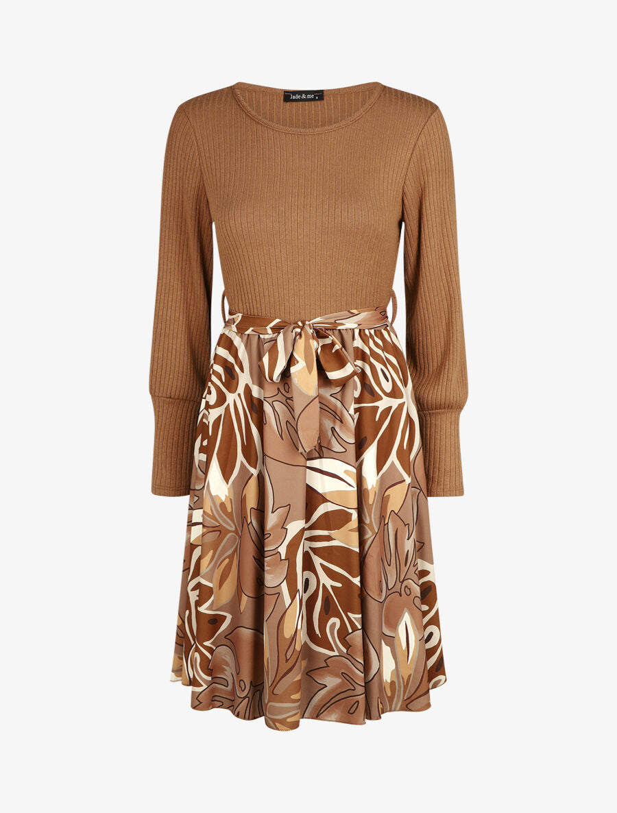 Robe fluide bi-matière imprimé fleuri - Camel - 6