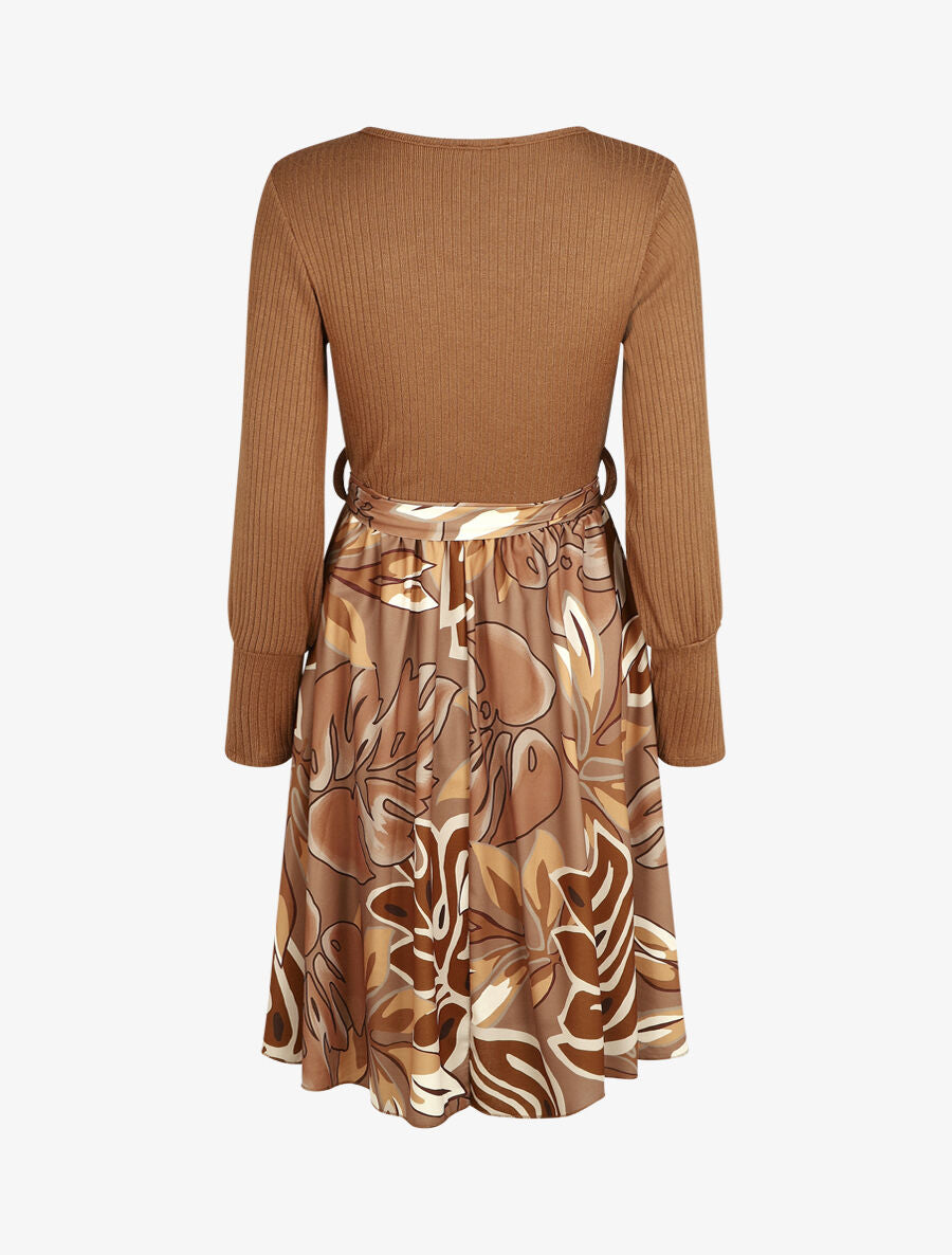 Robe fluide bi-matière imprimé fleuri - Camel - 2