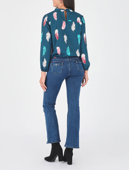 Blouse à imprimé plume - Bleu canard - 5