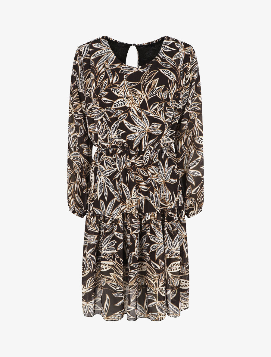 Robe évasée imprimé feuilles - Noir - 1