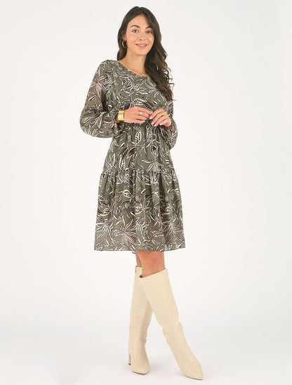 Robe évasée imprimé feuilles - Kaki - 4