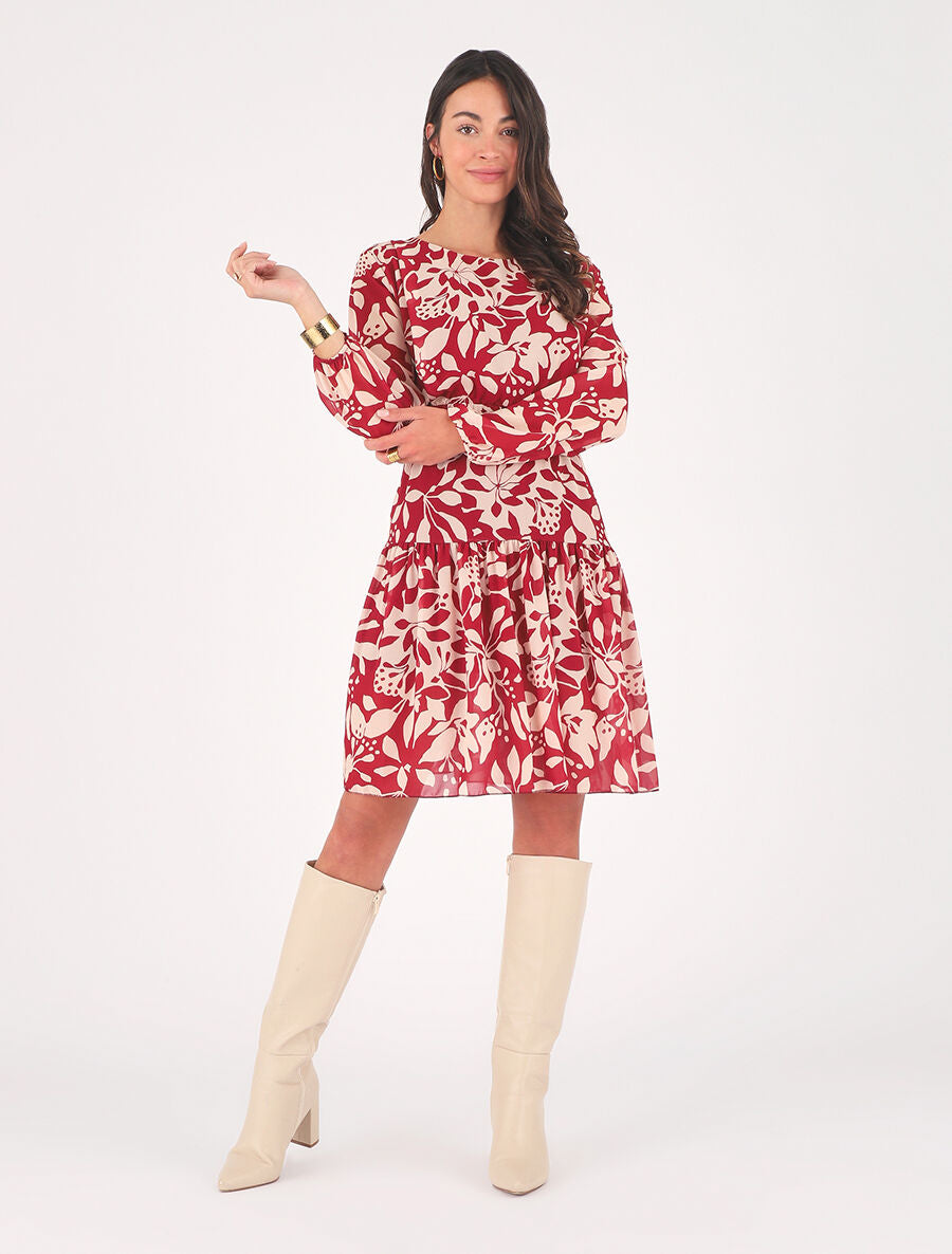 Robe évasée imprimé floral - Bordeaux - 4