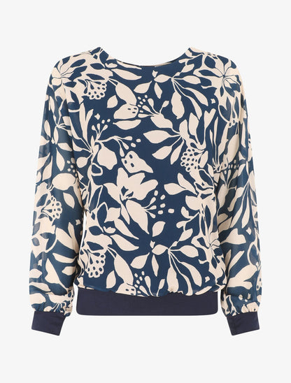 Blouse en voile imprimé fleuri - Marine - 1