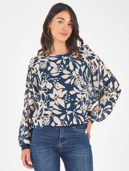 Blouse en voile imprimé fleuri - Marine - 4