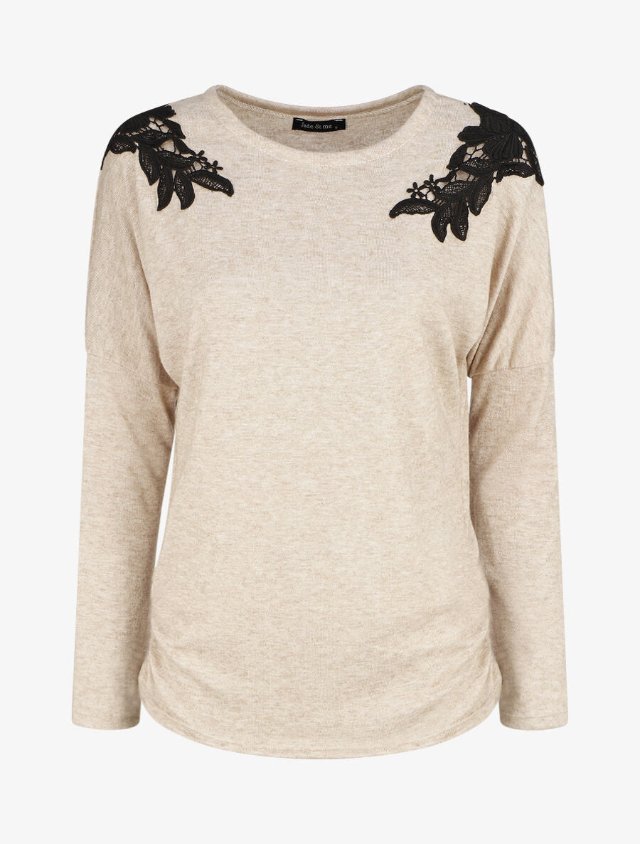 Pull droit empiècements crochet - Beige - 1