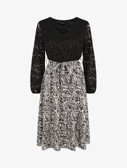 Robe évasée dentelle et imprimé cachemire - Noir - 1