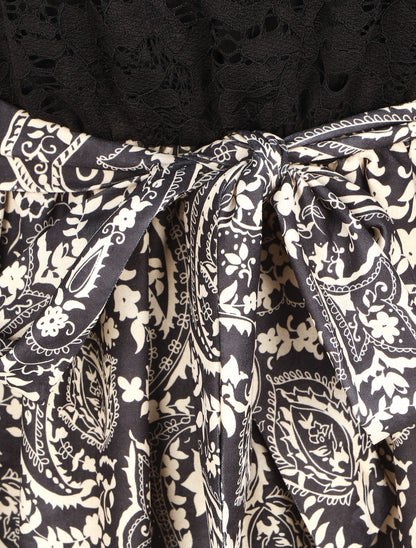 Robe évasée dentelle et imprimé cachemire - Noir - 3