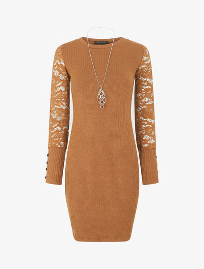 Robe pull à manches en dentelle - Marron - 7