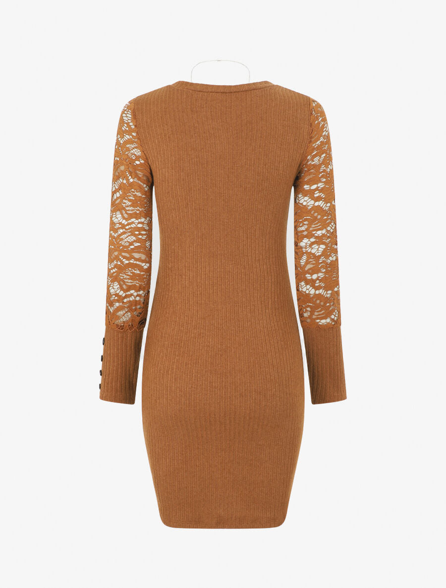 Robe pull à manches en dentelle - Marron - 2