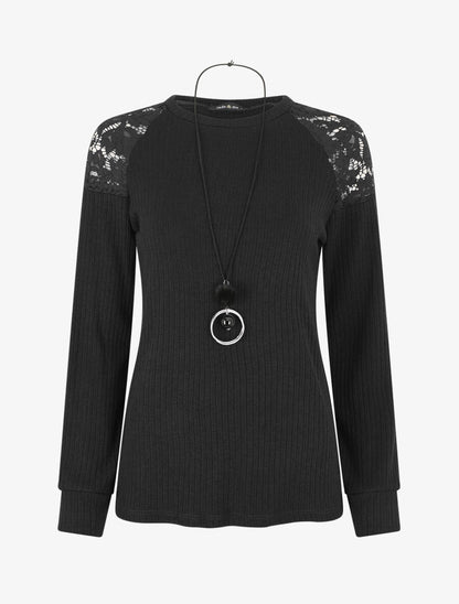 Pull uni et épaules en dentelle - Noir - 1
