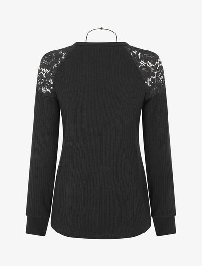 Pull uni et épaules en dentelle - Noir - 2