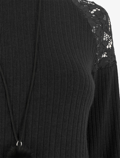 Pull uni et épaules en dentelle - Noir - 3