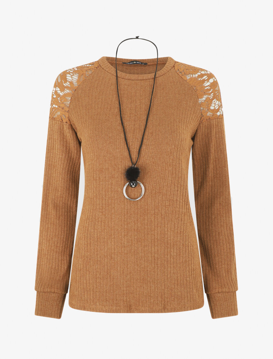Pull uni et épaules en dentelle - Marron - 4