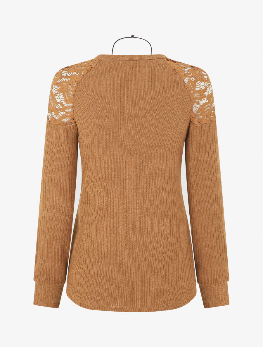 Pull uni et épaules en dentelle - Marron - 2