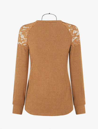 Pull uni et épaules en dentelle - Marron - 2