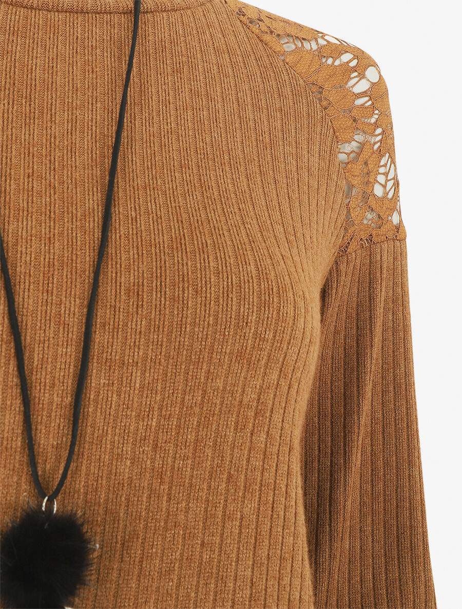 Pull uni et épaules en dentelle - Marron - 3