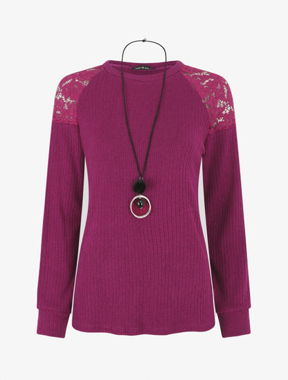 Pull uni et épaules en dentelle - Violine - 4
