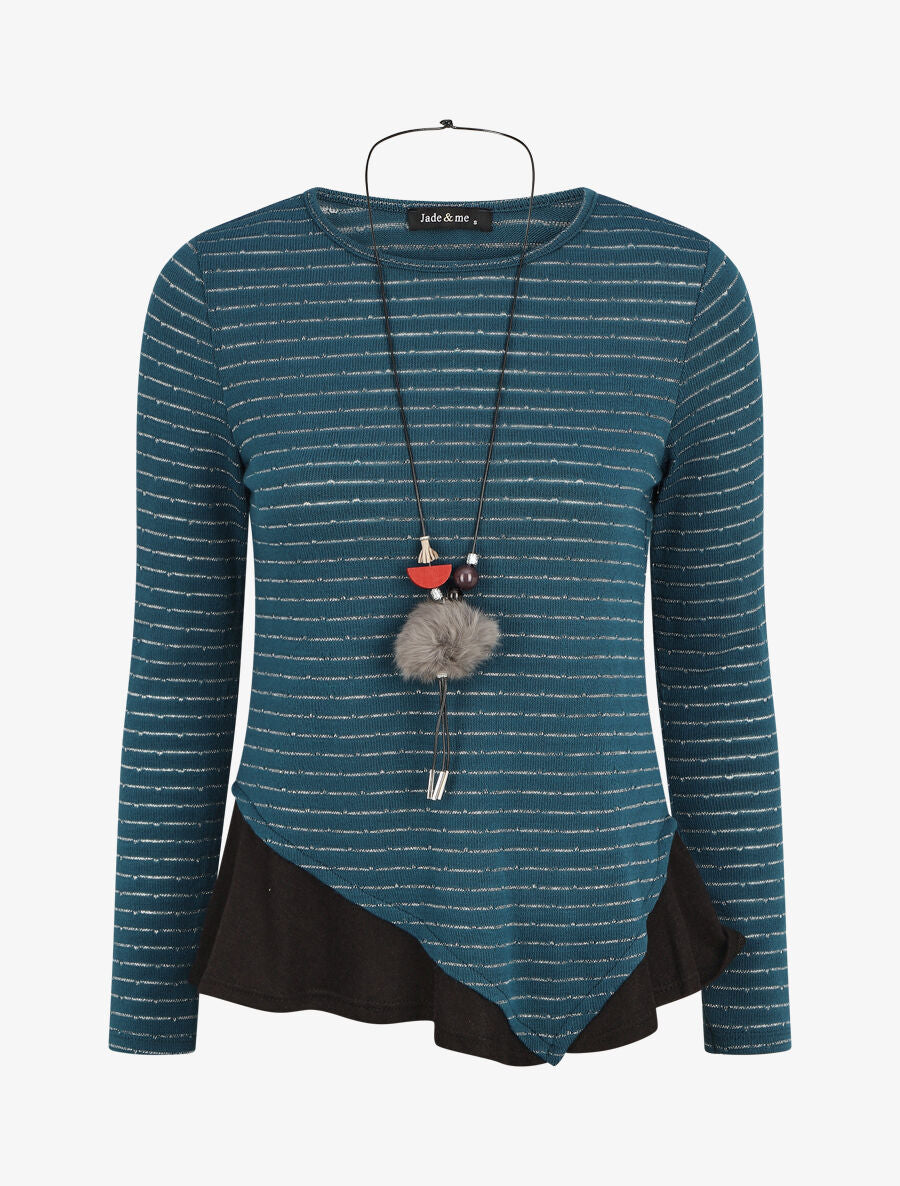 Pull droit rayé bords à volants - Bleu canard - 1
