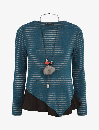 Pull droit rayé bords à volants - Bleu canard - 1